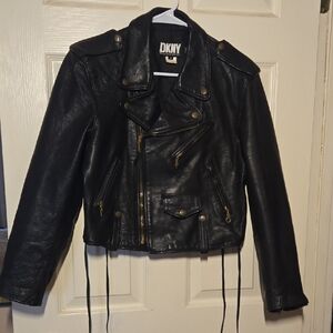 Vintage DKNY Black Leather Moto Jacket with Gold Details - Small  AMAZING FIND!